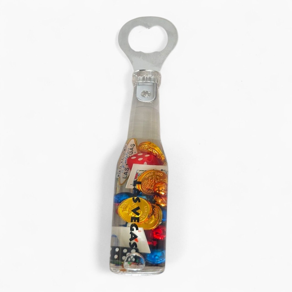 Vintage Las Vegas Liquid Bottle Opener Magnet Floating Dice Cards Coins Souvenir